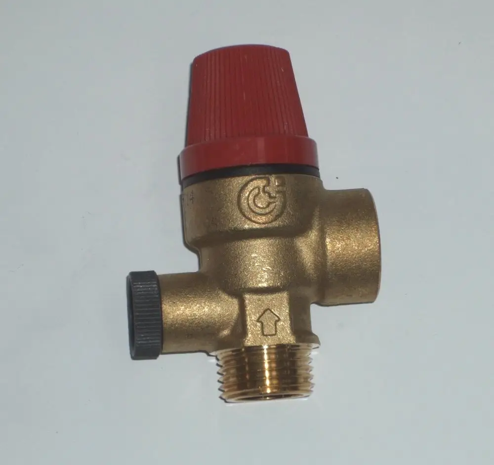 Sicherheitsventil aus Messing mit rotem Drehknopf, zur Verwendung in DAIKIN Systemen, ausgestattet mit einem Anschluss für die Wasserleitung und einem Entlüftungsventil.